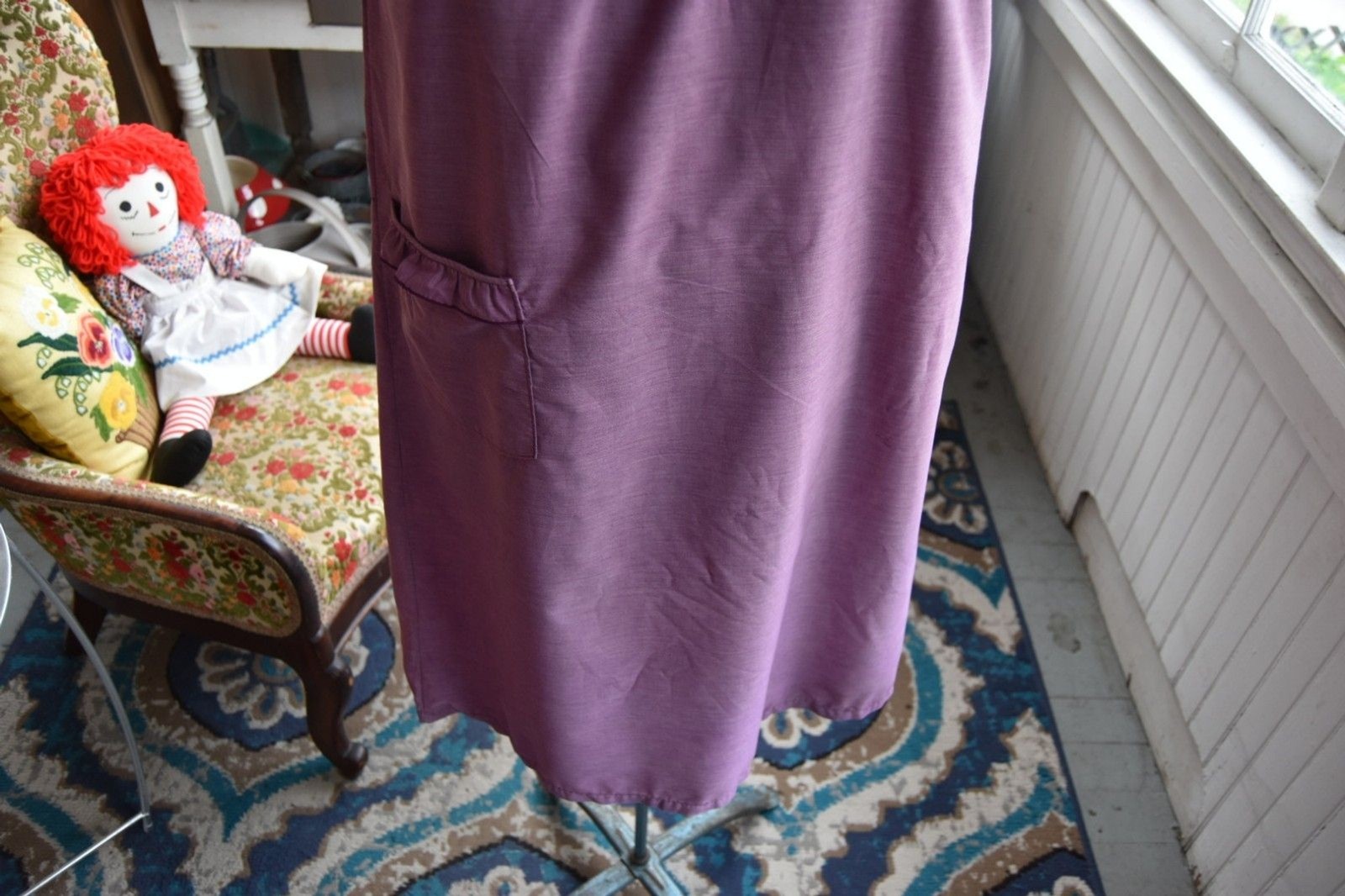 60s 'Gragero’ Cotton Nightie Embroidered Hand Dyed Ruffles-Pocket Purple-Medium