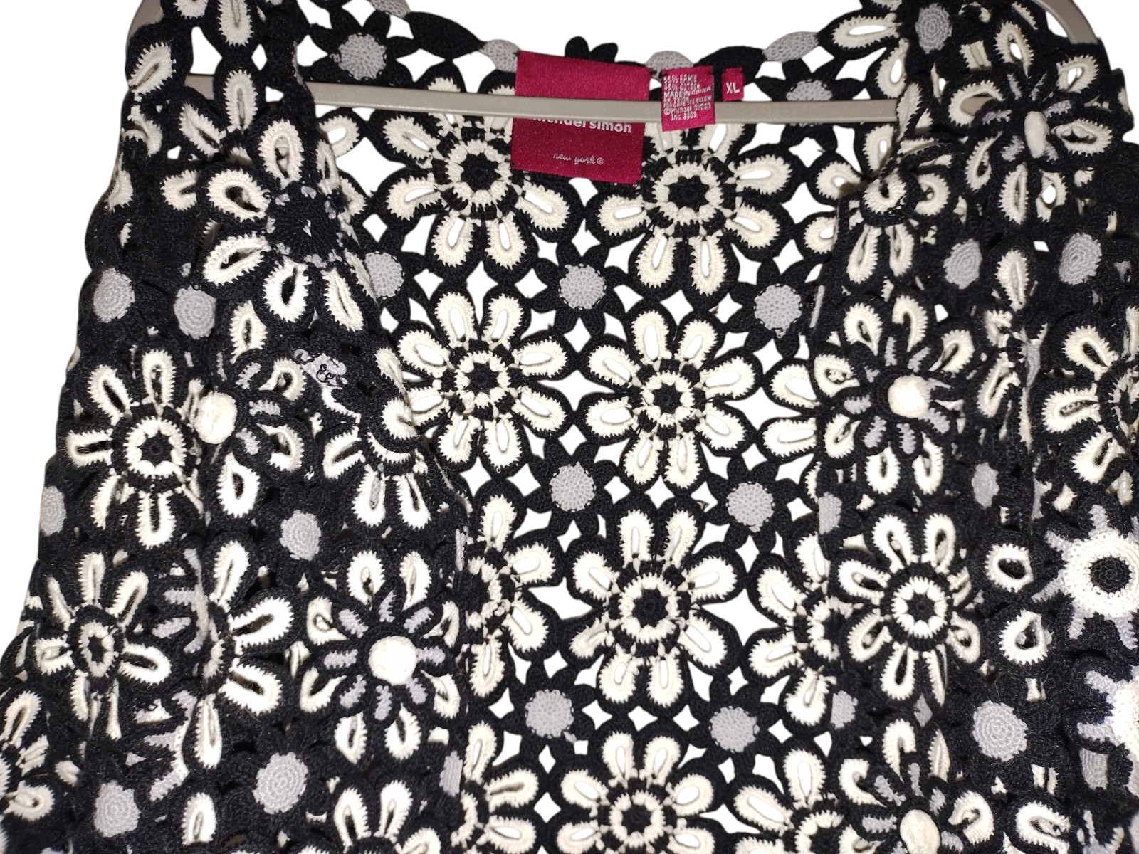 Michael Simon OPEN FRONT CROCHET CARDIGAN Flowers Black White XL Boxy Pompoms