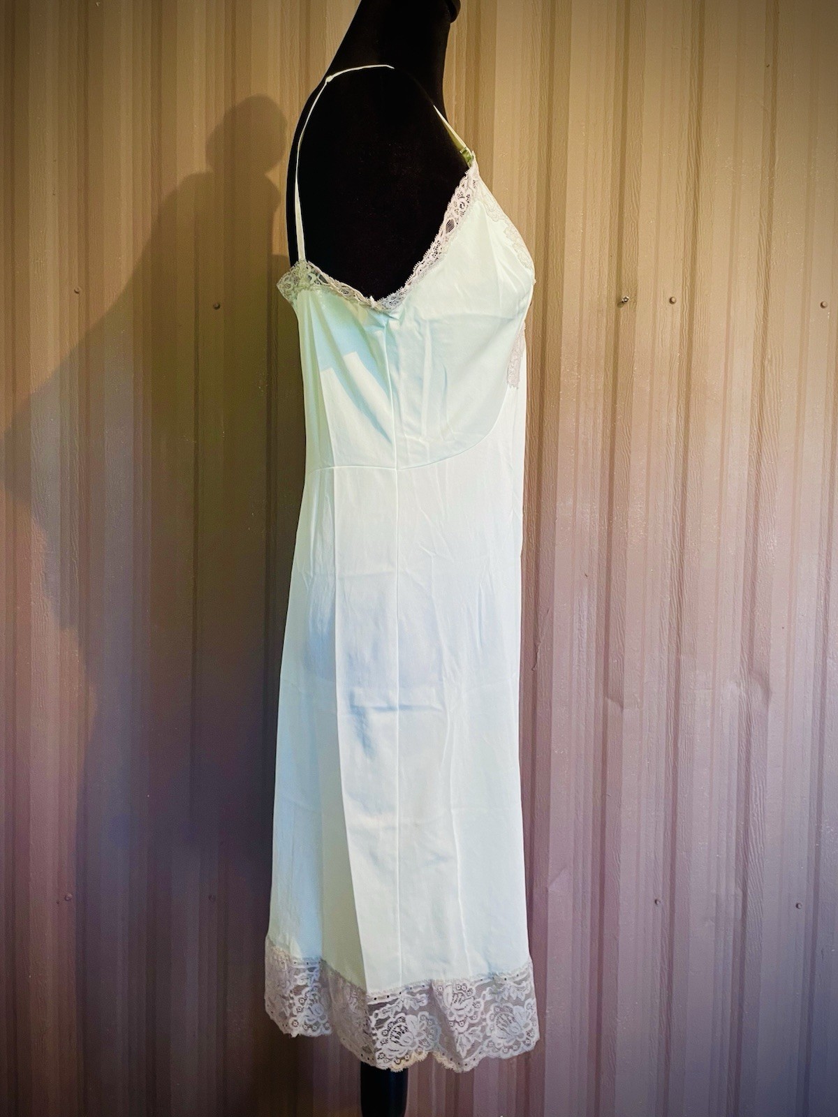 VTG 70s Sears Slip Dress Nightgown Sea foam Green Babydoll Nylon Lace Lingerie