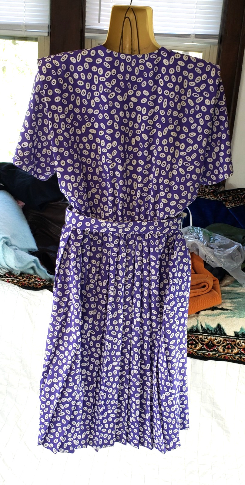 Vintage Leslie Fay Dress 80s 90s Pleated Geo Paisley Purple Belted SIZE 6P