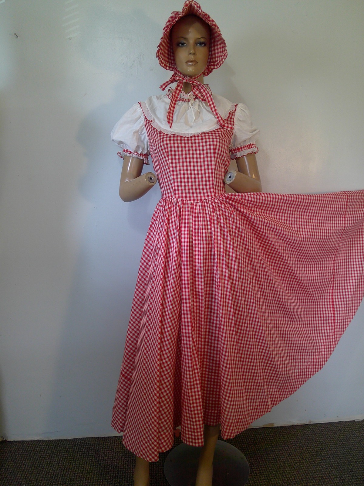 Vtg 70s Red/White Gingham Prairie Cottagecore 160″ Full Sweep Maxi Dress & Hat M
