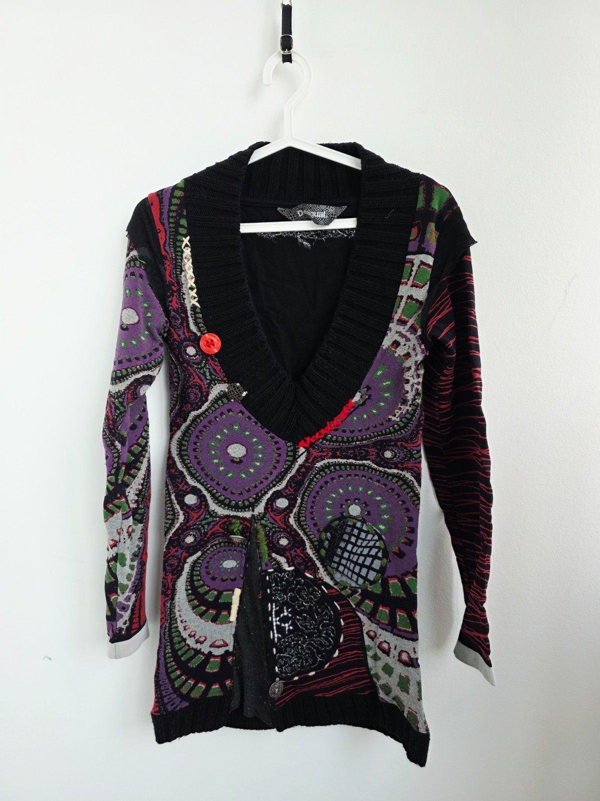 Vintage 2000s Desigual Cardigan, Colorful Patchwork Knit Jacket, Y2K Long Tunic
