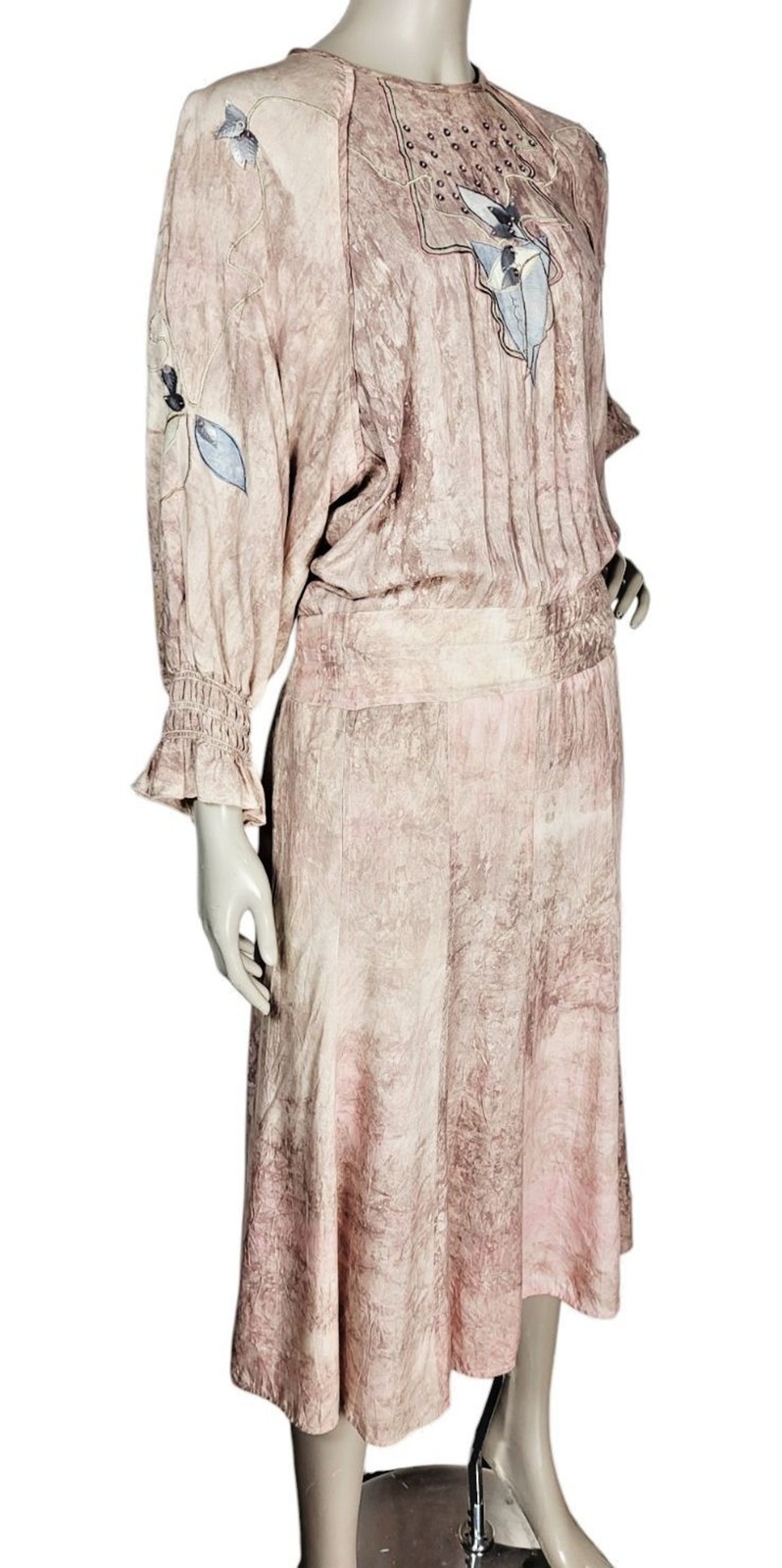 VTG 80s Marc D’Alcy Paris Hand Dyed Beaded Embroidered Floral Artsy Boho Dress