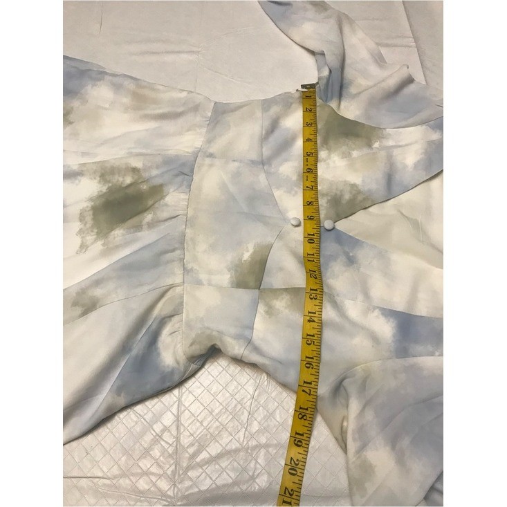 Petite Studio Pastel Blue Olive Tie-Dye V-Neck Midi Dress Puff Sleeve Sz S