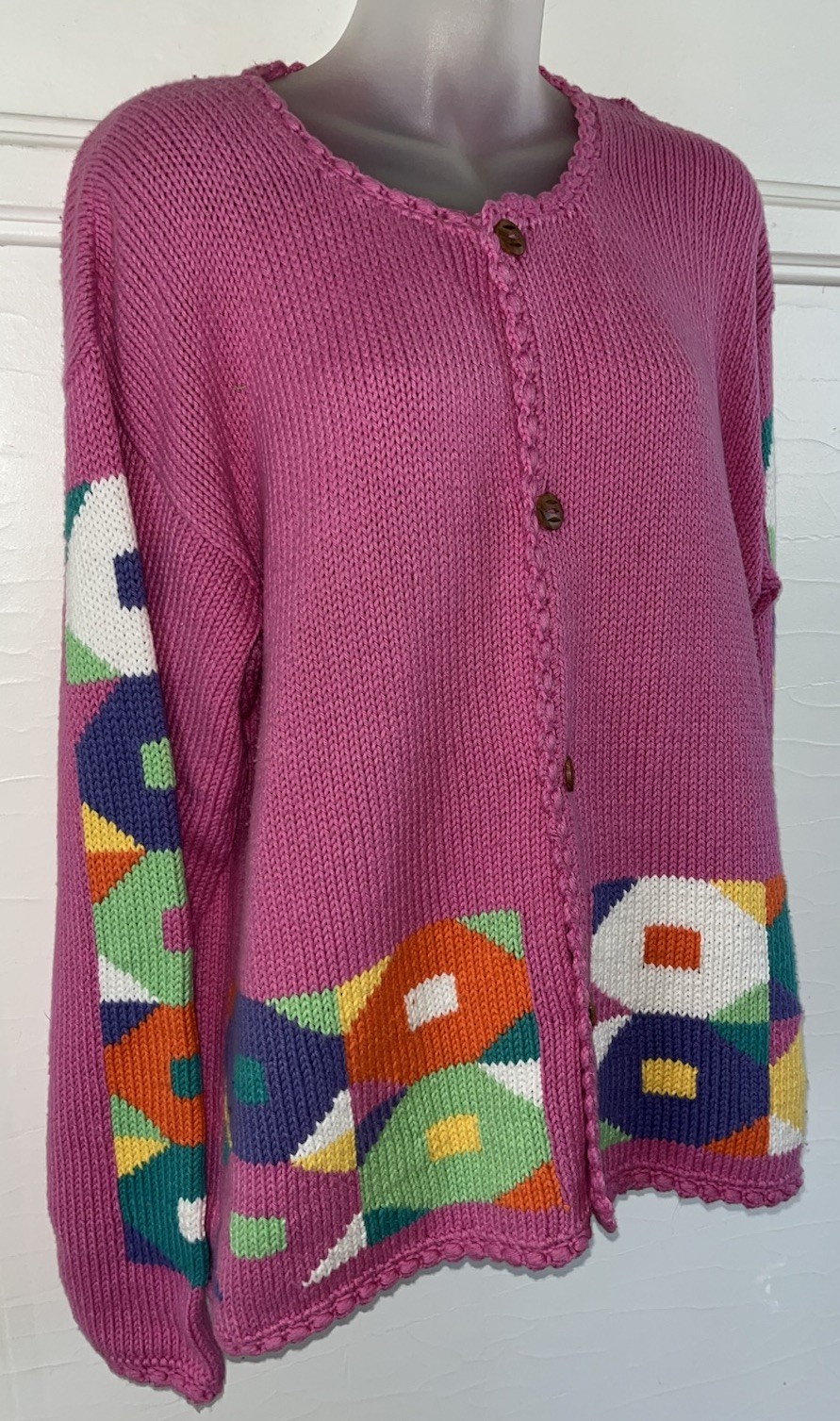 Vtg 90s REY WEAR Bolivian Hand Knit Bold Geo Candy 🍭 Pink Cardigan Sweater-M/L