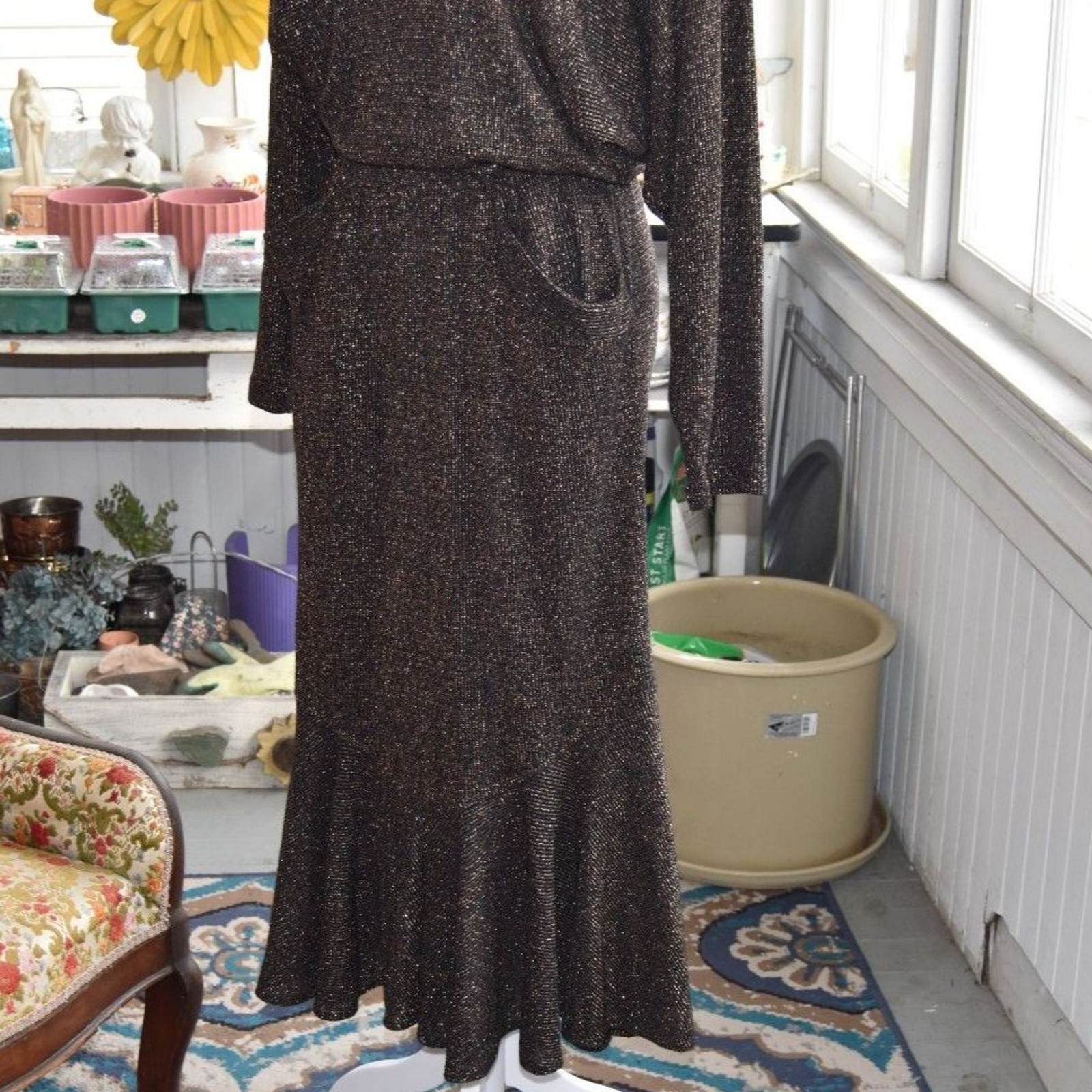 Vintage Choon California Metallic Lurex Disco Dress 70s 80s Black Bronze M/L