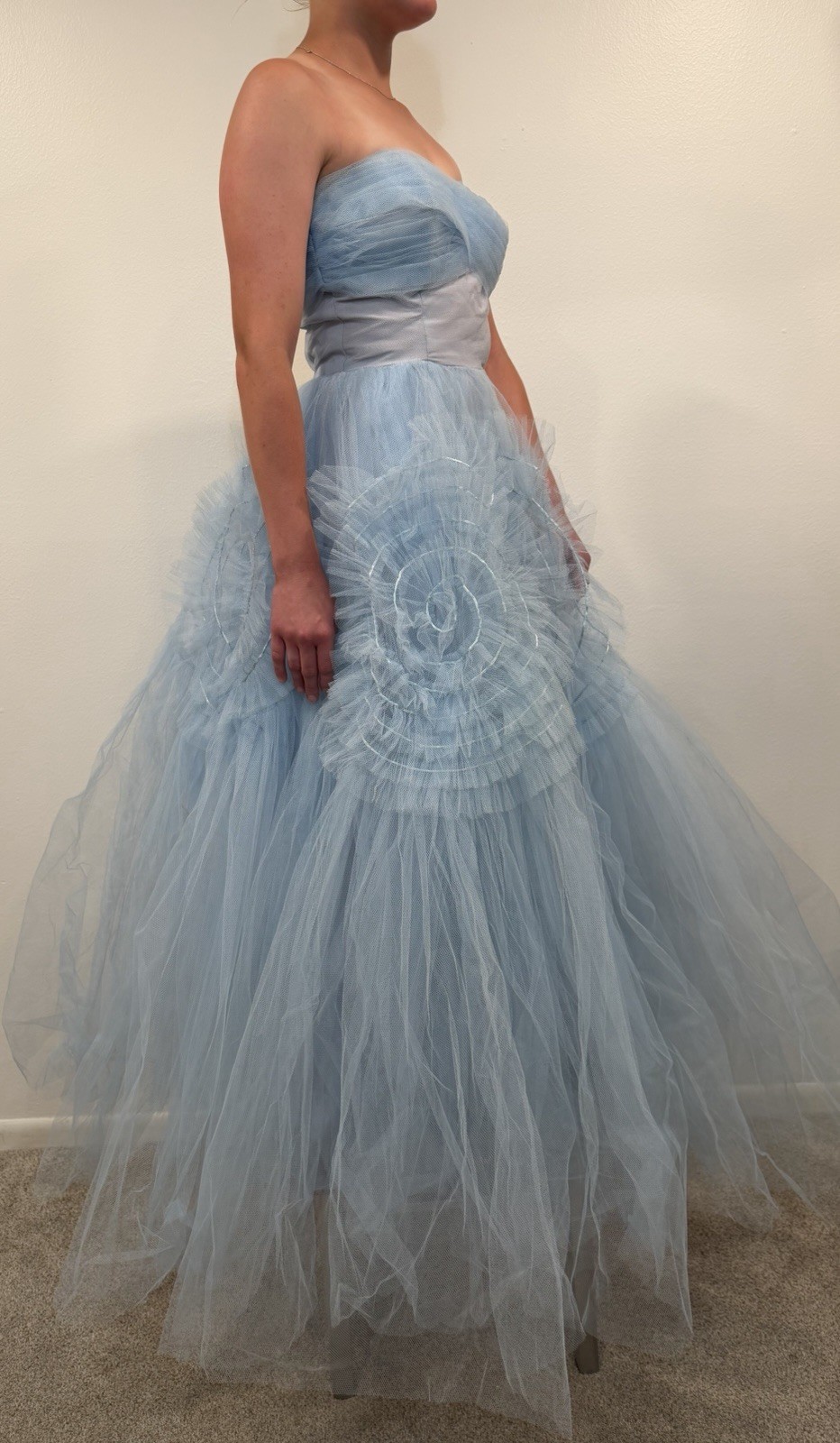 Vintage 50s Dress Gown Cupcake Formal Ruffle Tiered Tulle Prom Princess Blue