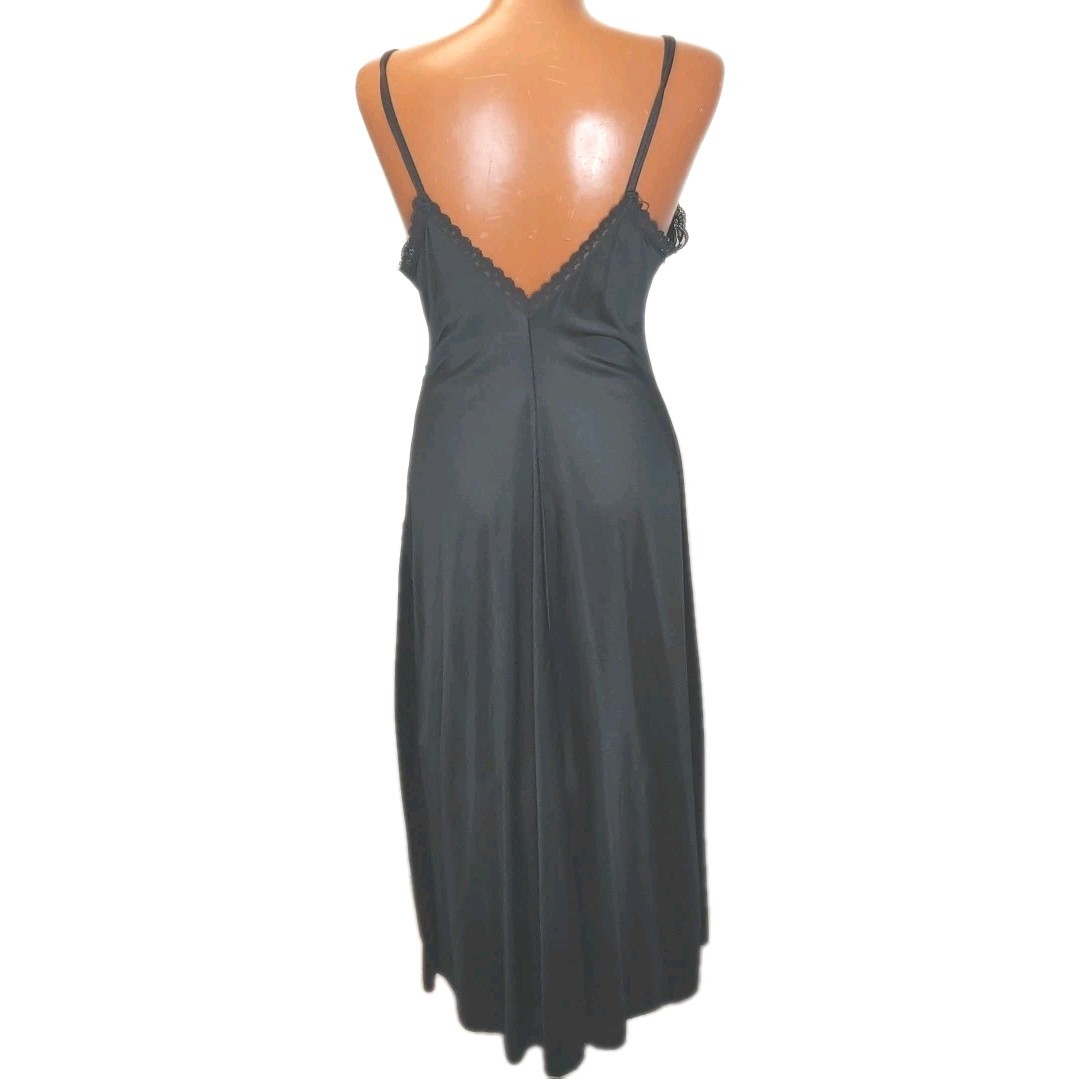 Vintage Sheer Lace Nylon Long Slip Dress Woman Sz 30 Satin Black High Front Slit