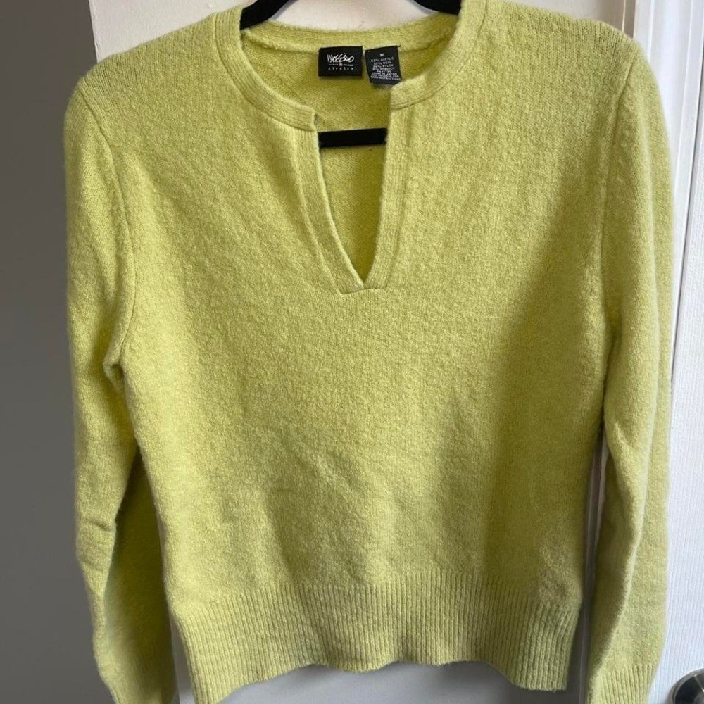 Mossimo Lime Green Wool Blend Split Neck Fuzzy Sweater Chartreuse Vintage M