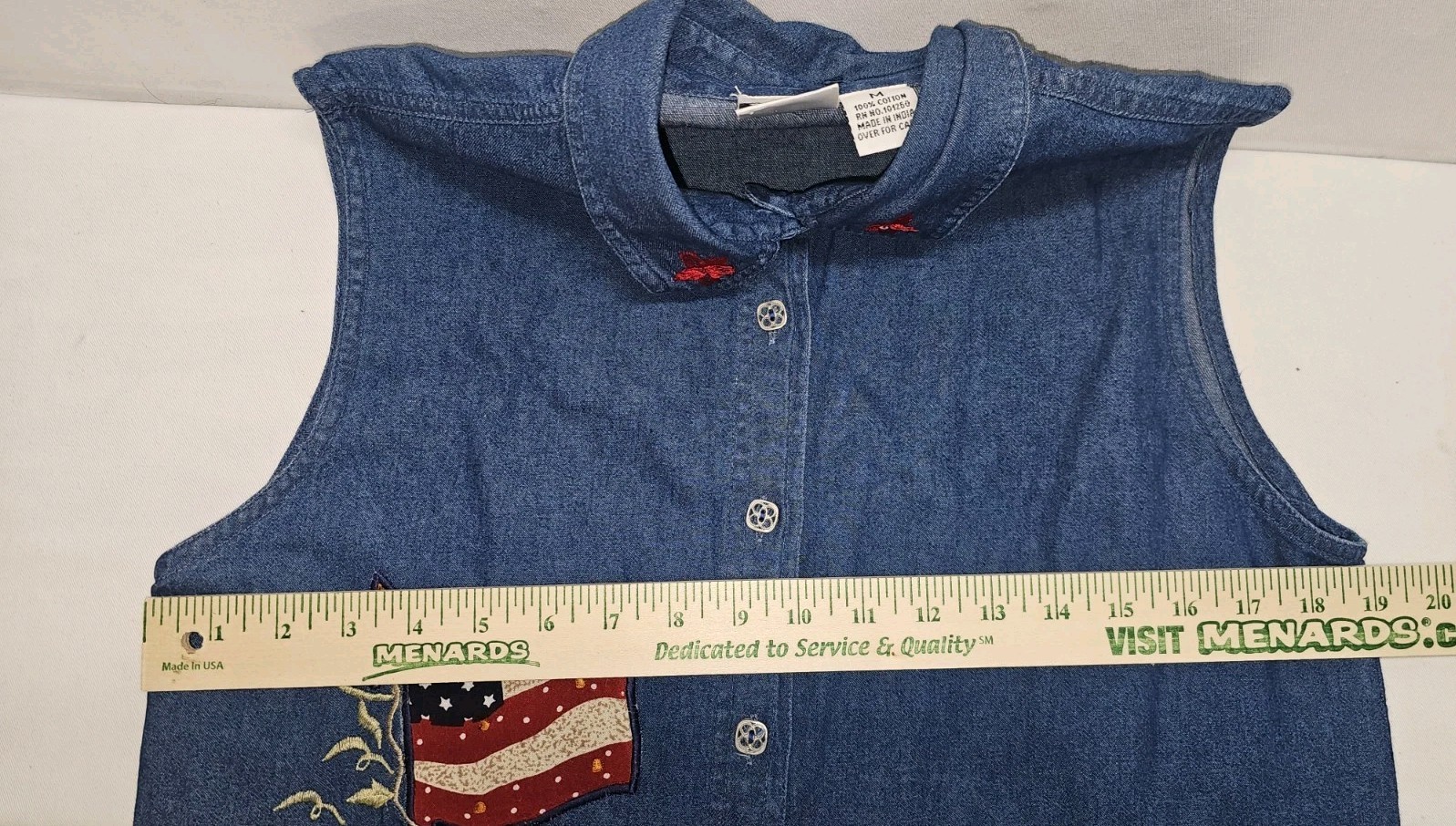 VTG 90s Denim Vest Sz M Patriotic USA Flag Patch Quilt Cottagecore Grannycore