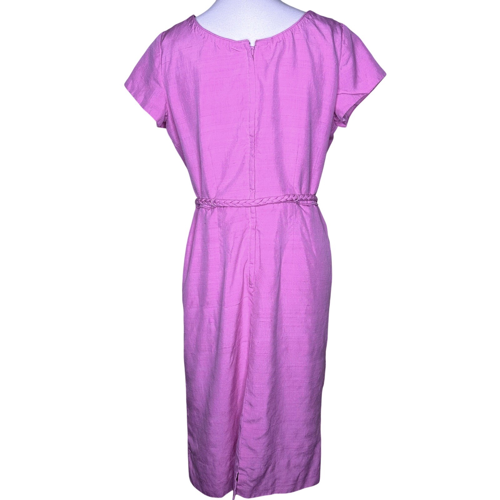 Vintage 1960s Pink Doupioni Silk Sheath Dress Italy Couleur Fabrics Braided Belt