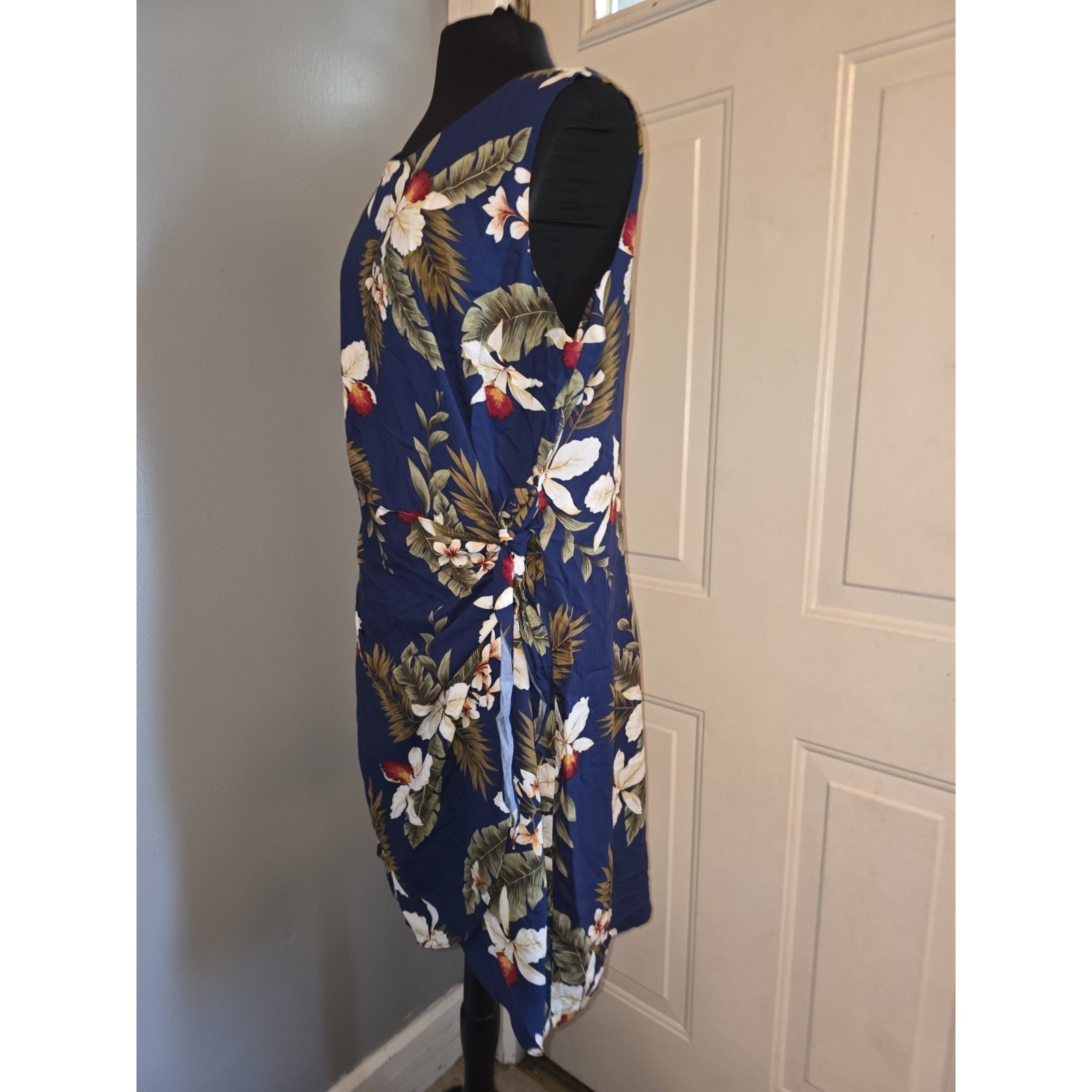 Vtg Two Palms Floral Faux Wrap Dress Hawaii Made Rayon 2XL Resort Wear Blue