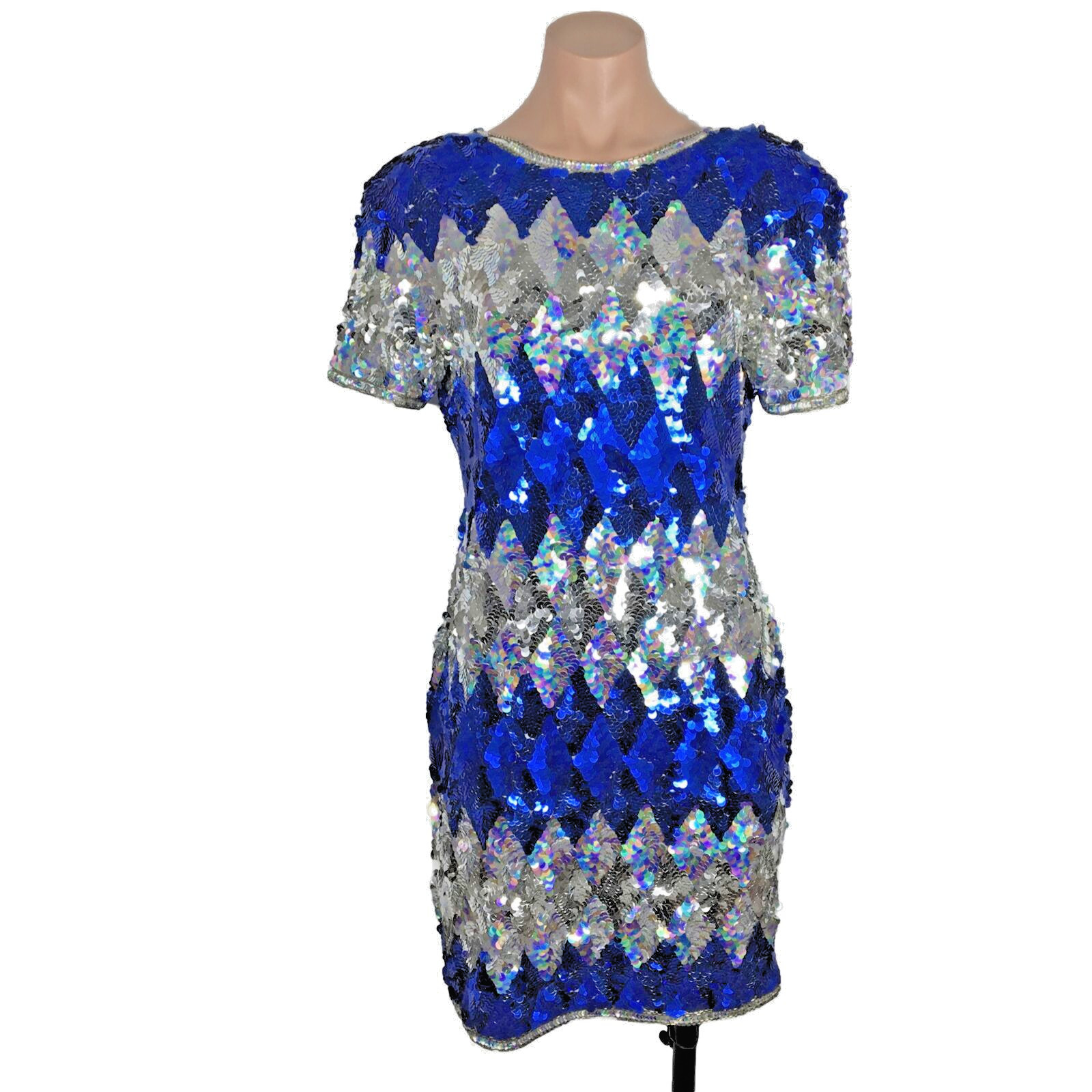 Vintage Iridescent Sequin Low Open Back Party Dress Mini Beaded – Size M