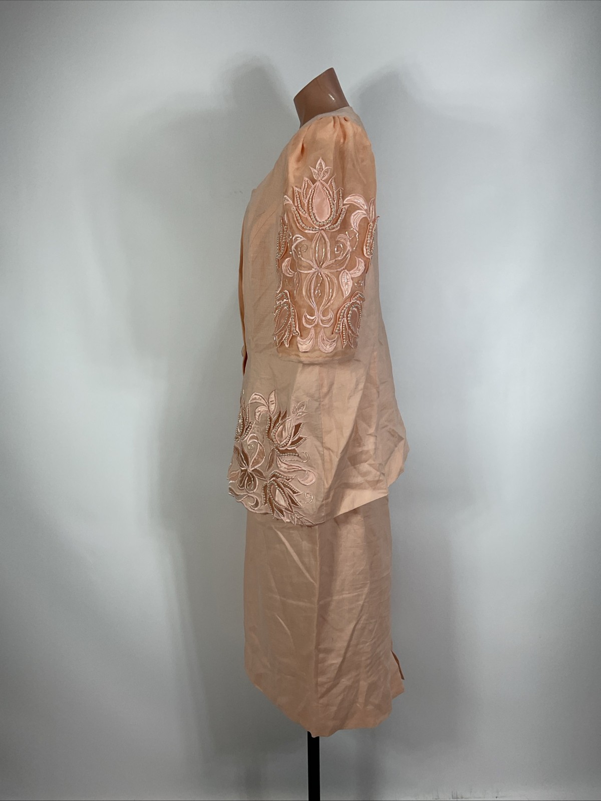 Vintage 80s DAVINCi Pink Suit Puffy Sleeve Suit Jacket Skirt 16X Beaded Linen