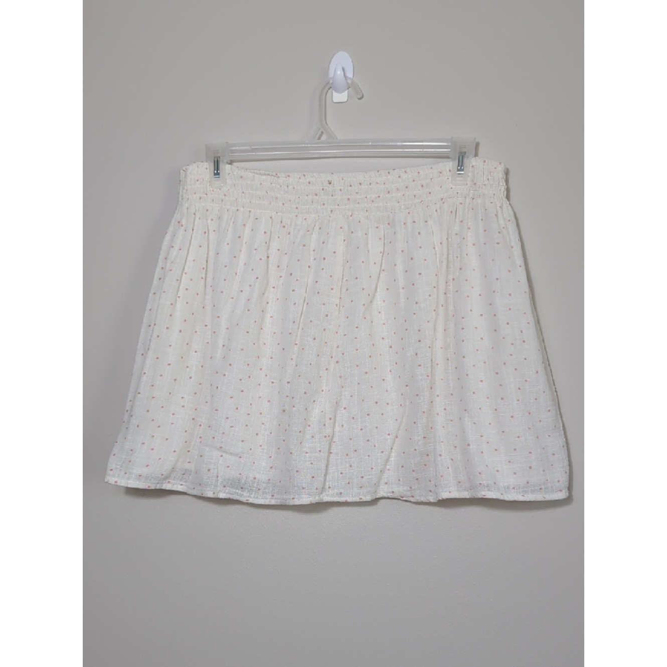 Vtg Y2K White and Pink Polka Dot Smocked Waist Mini Skirt XL Coquette Feminine