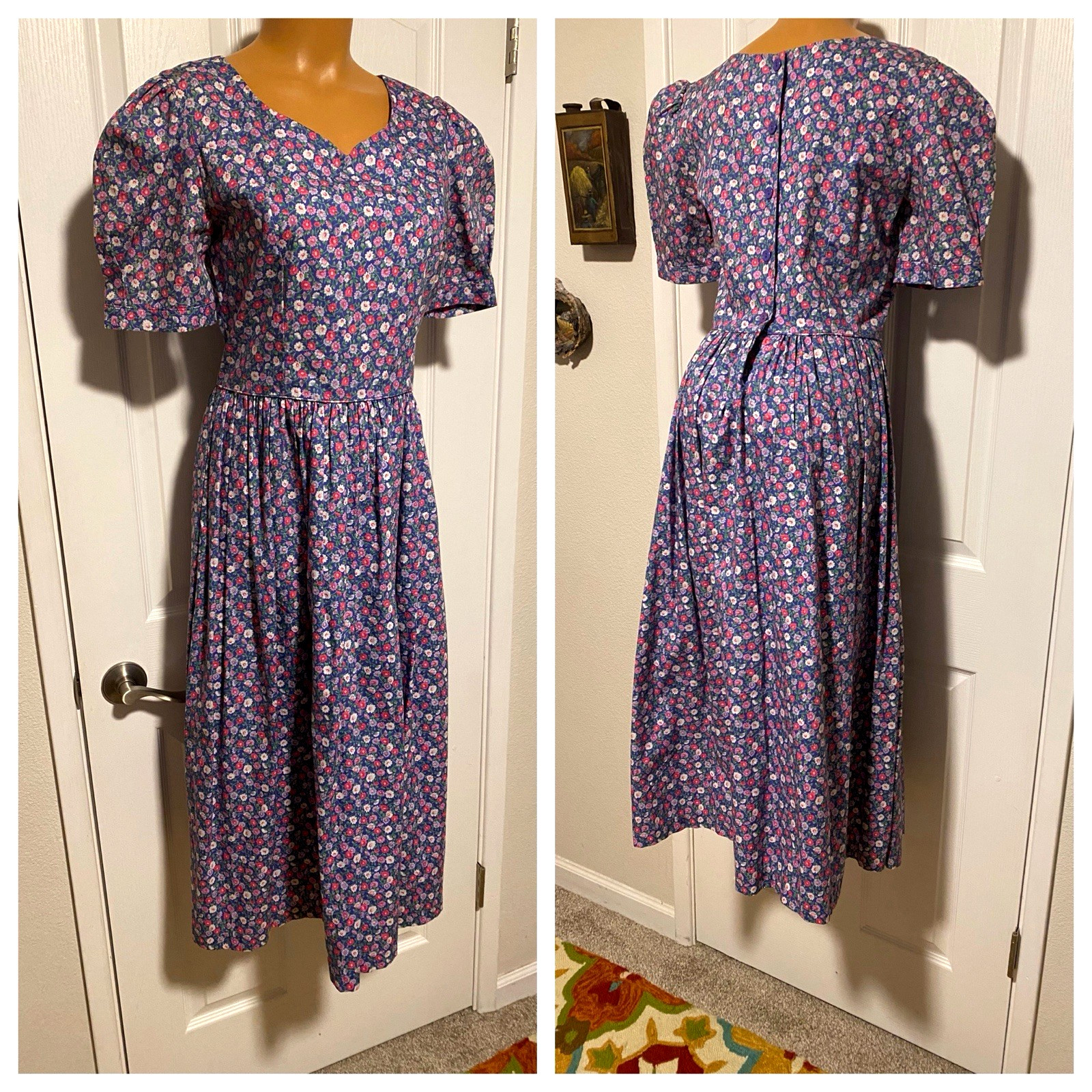 VTG 90’s BONNIE LASS LAVENDER FLORAL W/ PUFFED SLEEVES COTTON PRAIRIE DRESS SZ 8