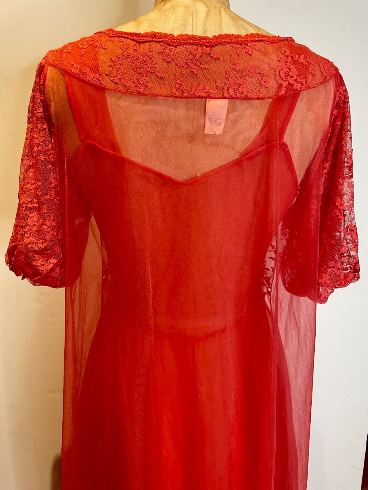 VTG RADCLIFFE RED SHEER CHIFFON&LACE FULL SWEEP PUFF NIGHTGOWN&PEIGNOIR SET*34 S