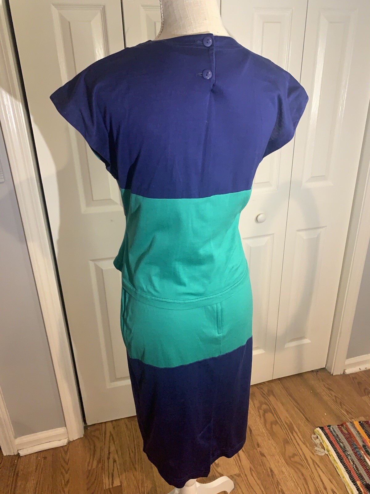 Vintage 80’s Blue Teal Pink Color Block Blouse & Skirt Set Size 6 Slim Bright