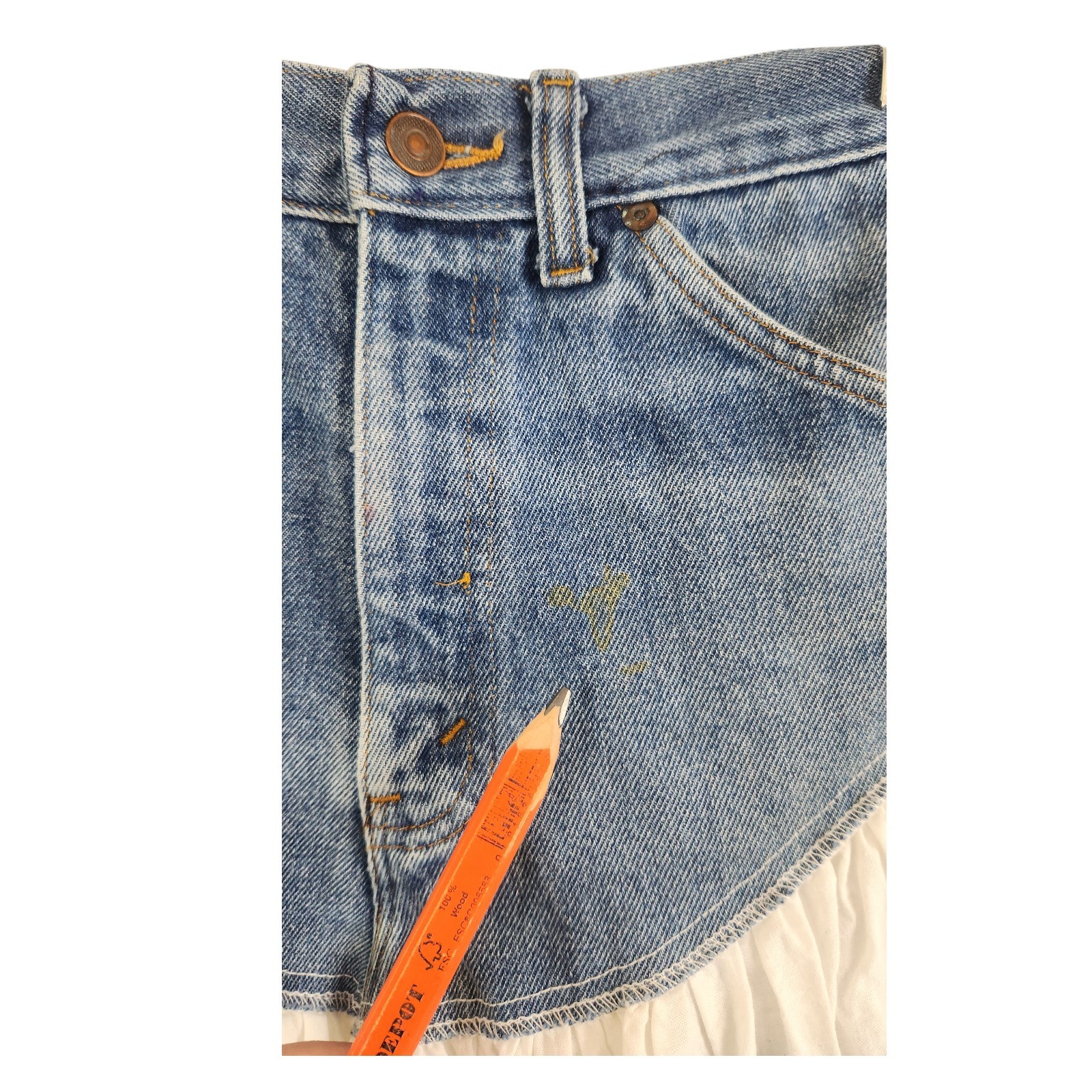 Vintage 70s Denim Short White Cotton Midi Skirt Small / 28″ Festival Boho Cntry