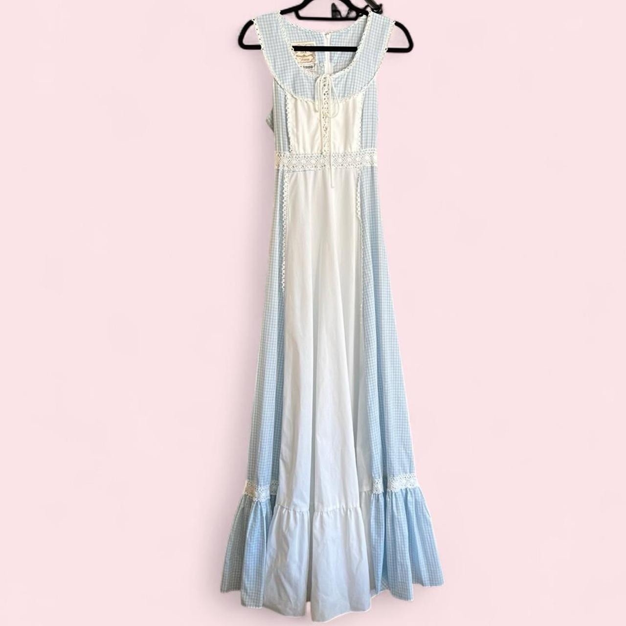 Vintage 70s Gunne Sax Maxi Dress Size 11 Gingham Blue Corset Front Crochet Lace