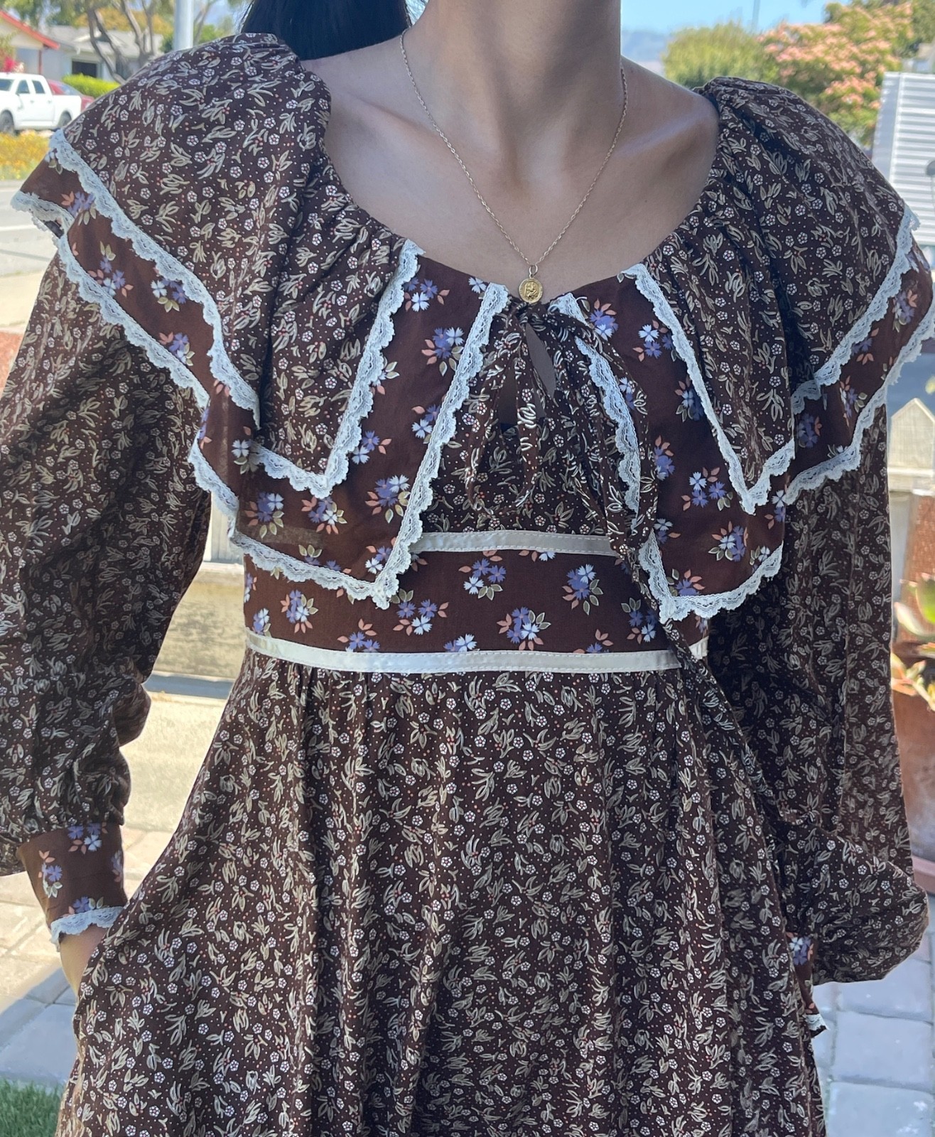 Vtg 1970s Gunne Sax Style Brown Calico Prairie Dress Ruffle Midi Small~Tag Cut