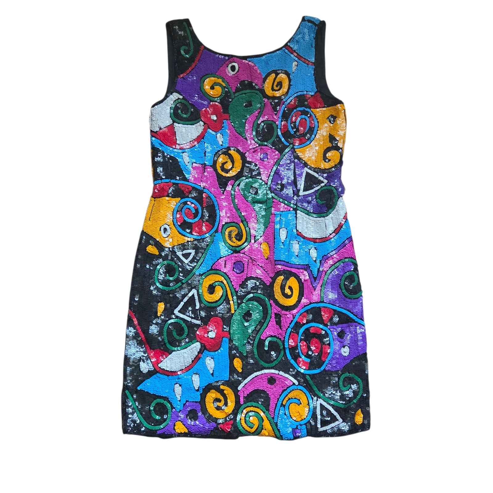 Vintage 80s Dress Large Xoanon Silk Sequin Mini Abstract Multi Color Pop Art