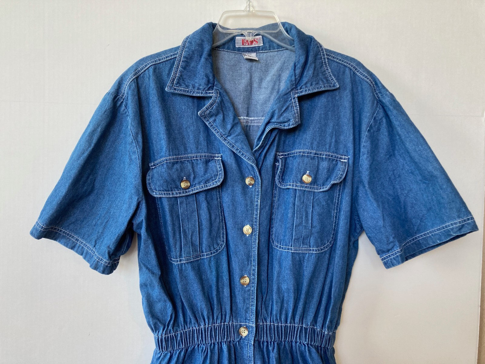 Vintage 80s Denim Dress Elastic Waist Button Down Front Large L Pockets