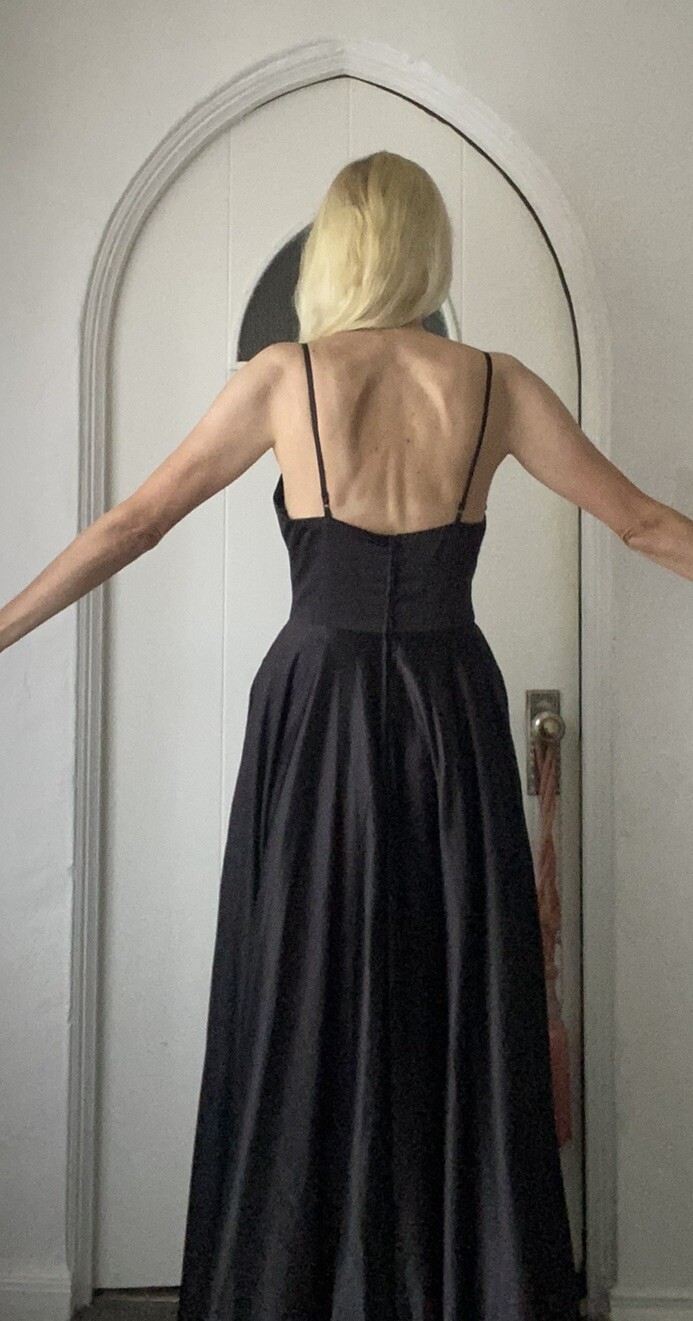 Vintage B. Darlin Black Silky Poly Sweeping High Slit Glam Evening Dress S