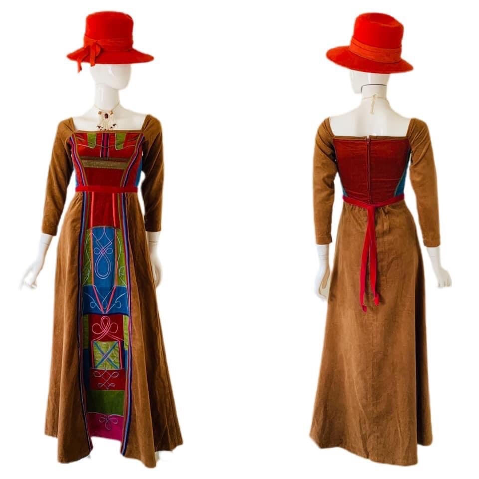 Vtg 60’s-70’s Corduroy Patchwork Renaissance Revival Prairie Dress