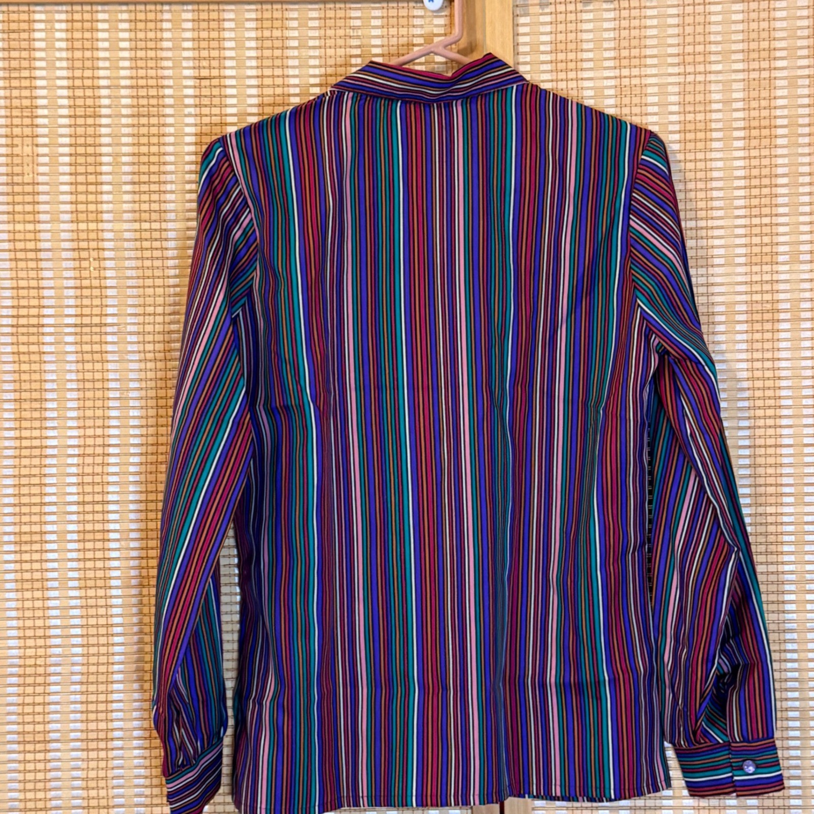 Vintage Lady Holiday Striped Button Up Blouse Multi Color Long Sleeve Size 12