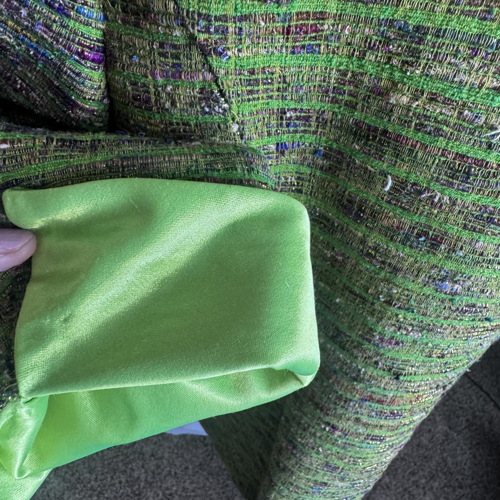 Vintage Nightlights Jacket Silk Blend Open Front Blazer metallic lime green 14