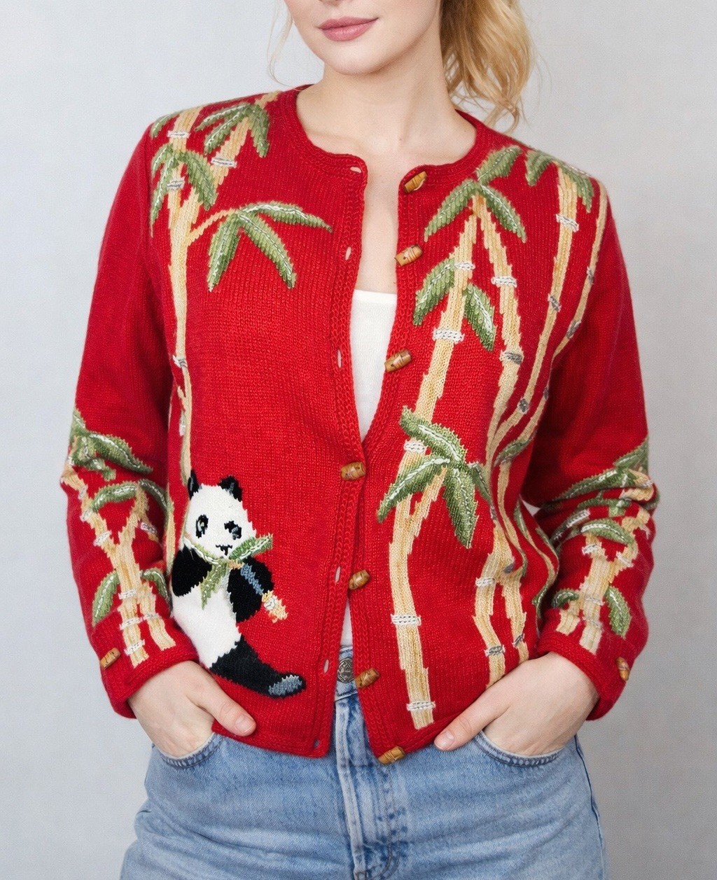 Northern Isles Vintage red Panda Bears Bamboo button front cardigan Knit Sweater