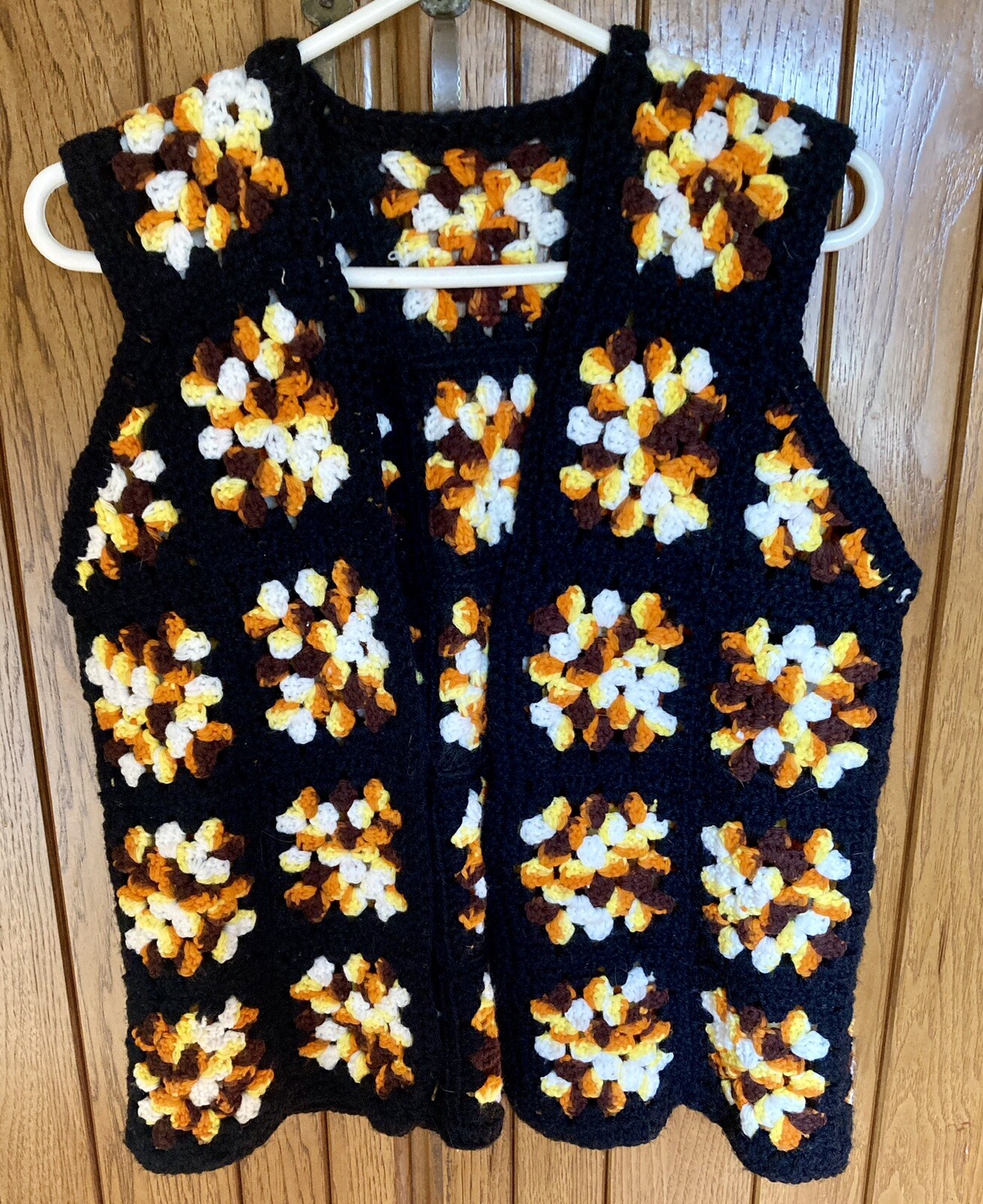 70s Vtg Black Yellow Orange White Granny Square Crocheted Open Front Vest S/M