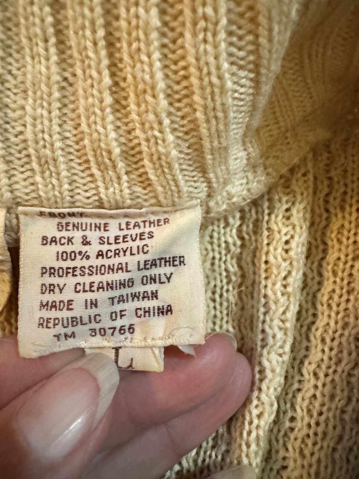 Vtg Suede Leather Acrylic Sweater Jacket Arpeja Taiwan Organically Grown Beige S