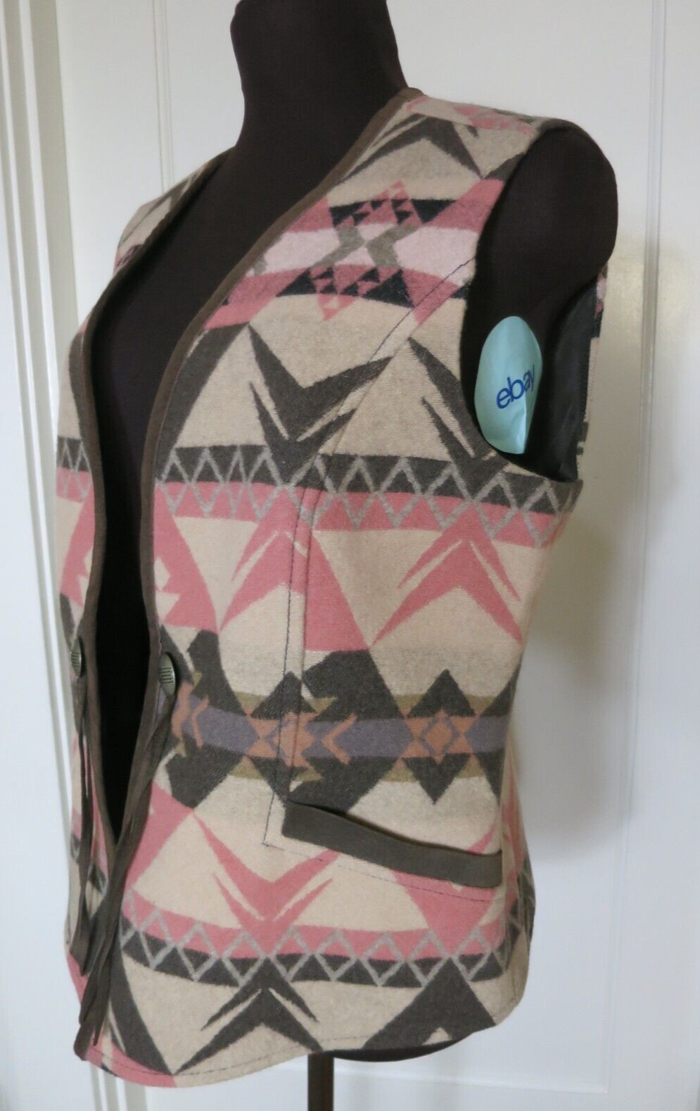 Vtg Pendleton Vest Wool Suede Trim Brown Beige Salmon Tassels Southwest Medium