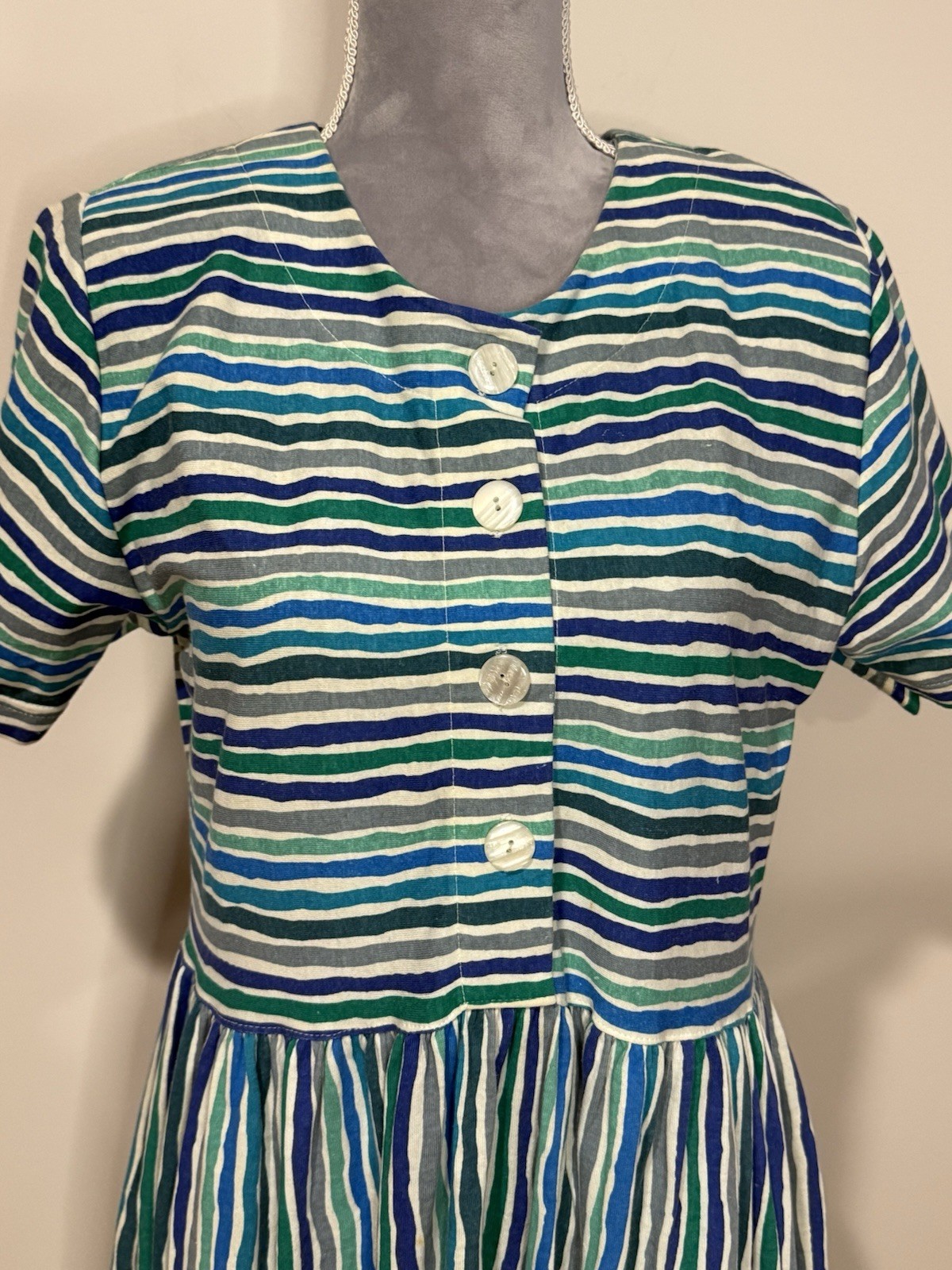 FADS Vintage 80s 90s Blue Striped Cotton Boxy Dress Sz M Cottagecore Modest