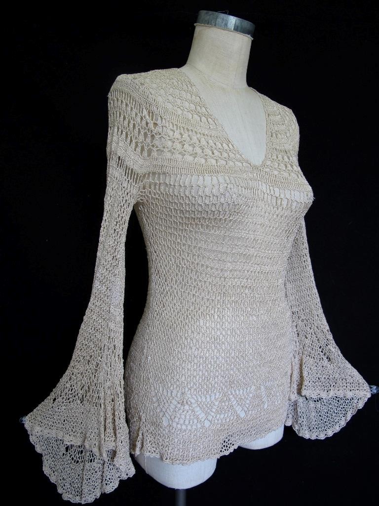 Vintage Hand Crocheted Sheer Top S M Bell Sleeves Hippie Boho CottageCore Beige