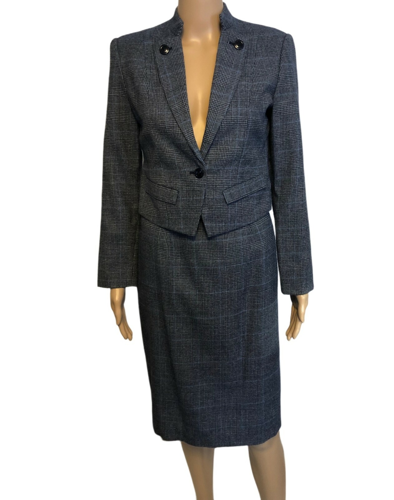 vtg CRISTINA’s Blue Plaid Skirt Suit Sz 6 Cropped Jacket Career 2-Piece EUC