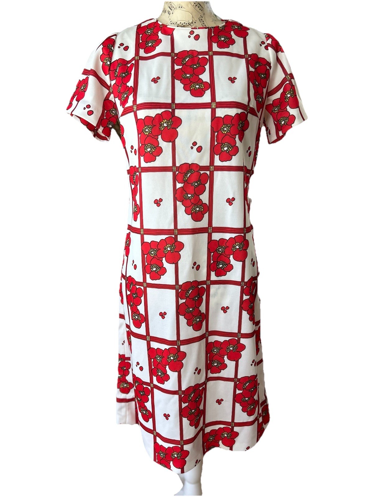 Vintage 60s 70s Vibrant Red Poppies Dress Hippie Mod Flower Power Rehem To Mini