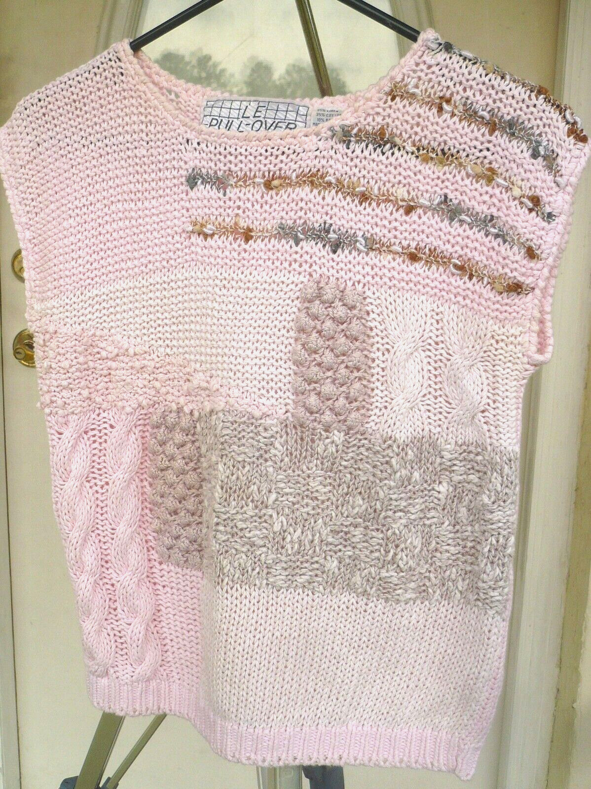 VTG 80S KOREAN POPCORN PINK IVORY BROWN 3D SLEEVELESS LINEN COTTON M WOMEN PULLO