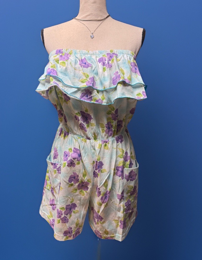 Vintage Blue Floral Ruffled Tube Top Cotton ROMPER w/ Pockets XL Elastic Waist
