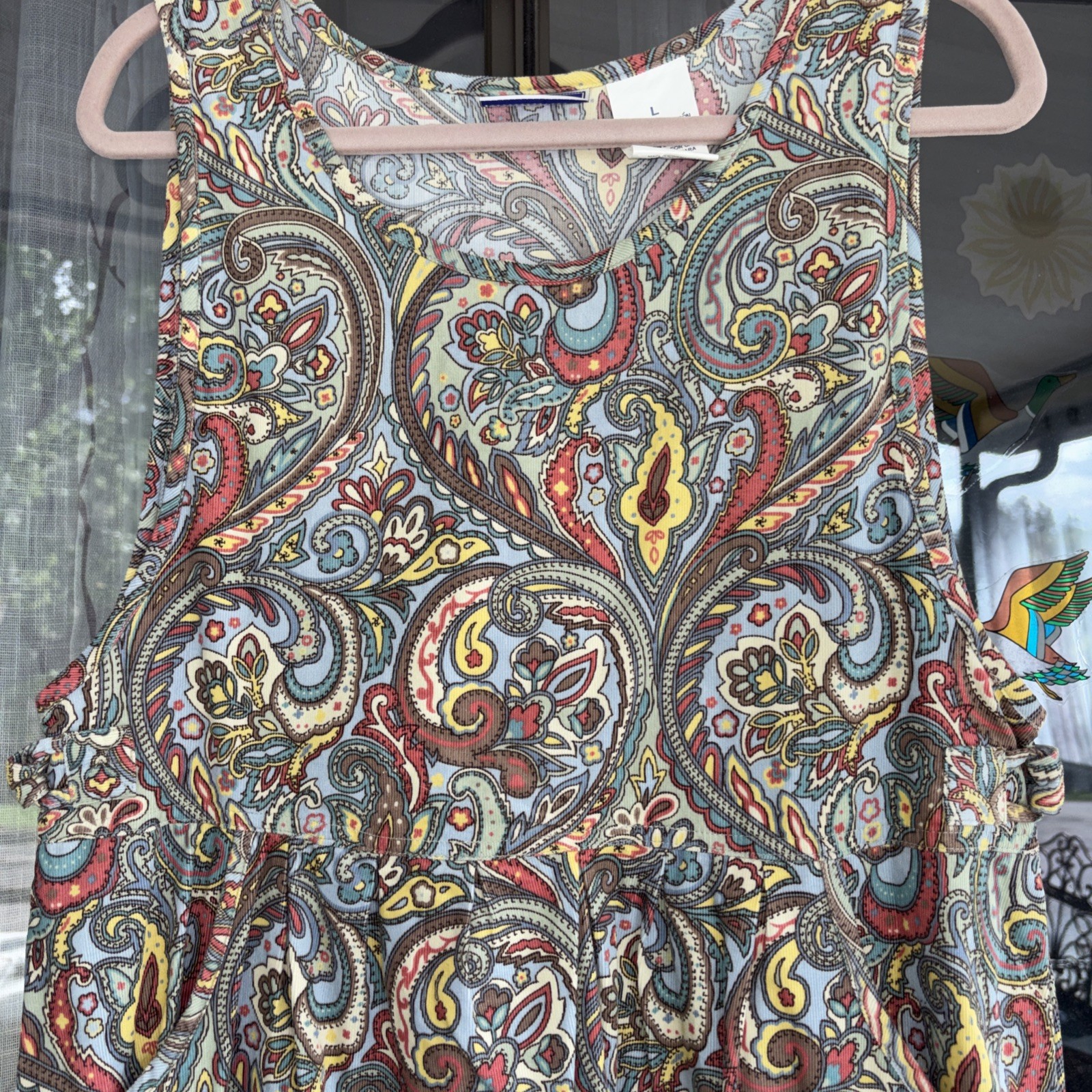Vintage Erika & Co Green Corduroy Jumper w Blue/Red Paisley Florals Size L