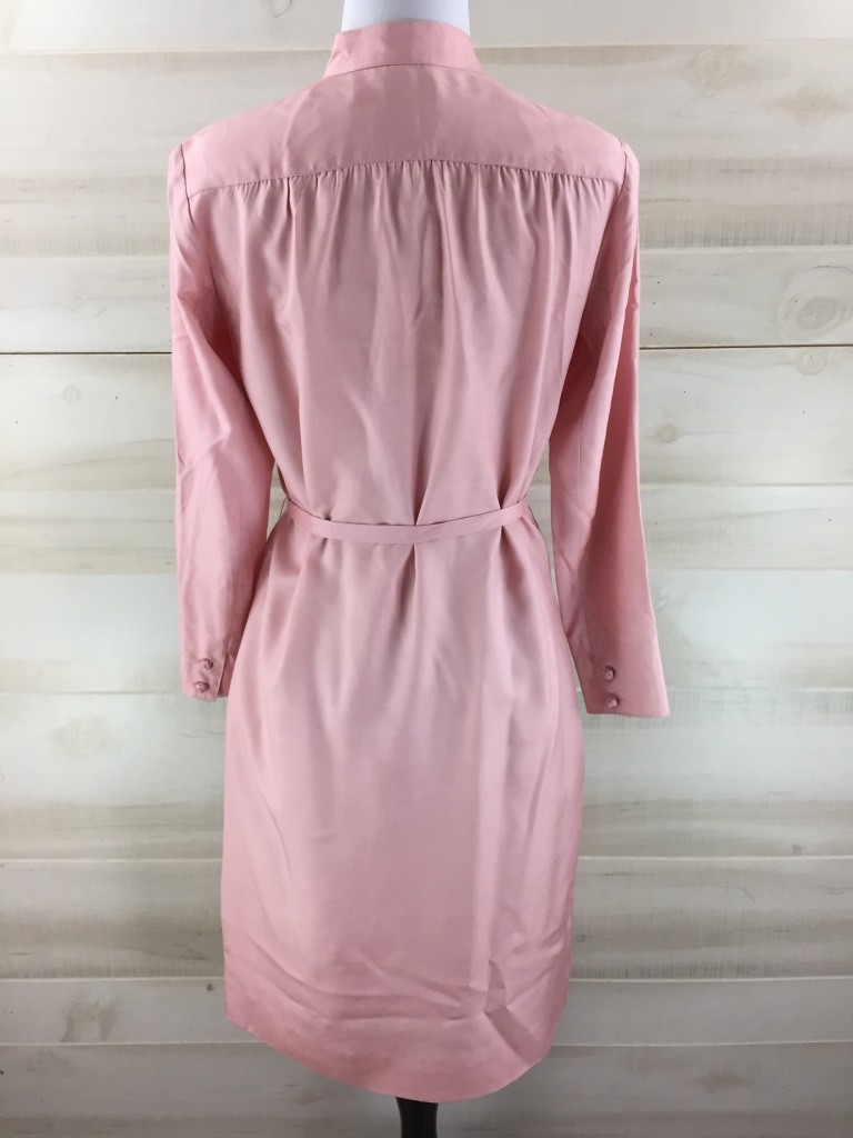 Vintage 70s 100% silk pink pin tuck belted tunic dress pockets mandarin collar M