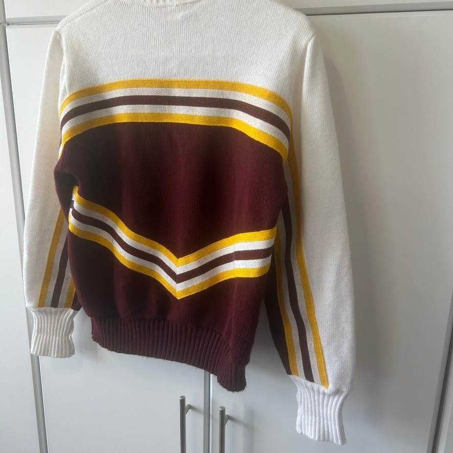 Vintage Hatchers Mfg RHS Cheerleader Sweater Maroon Gold White Stripe Large USA