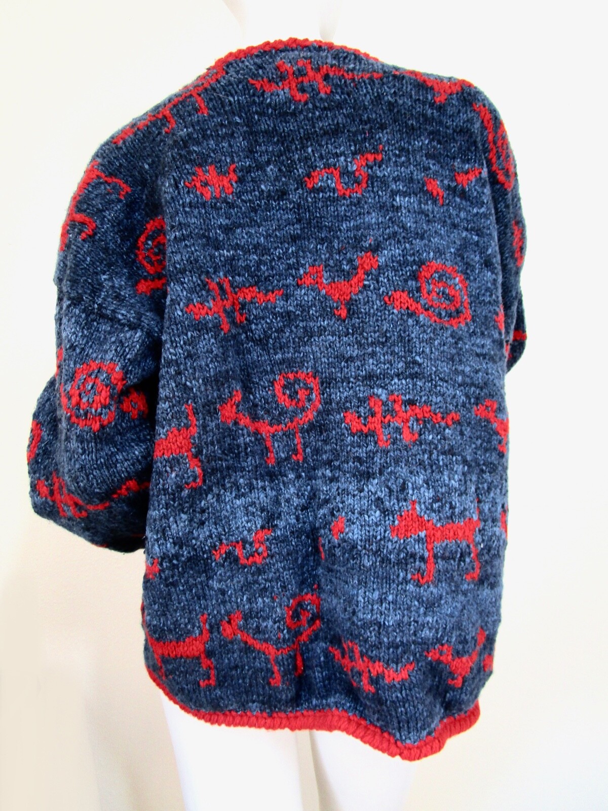 Vintage Amano Wool Wood Boho Tribal Cave Drawing Caridgan Sweater Oversize S L