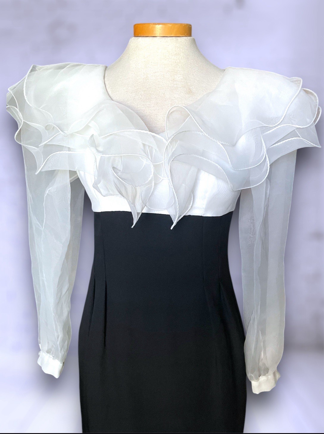 1980’s Black & White Fluffy Bust Long Sleeve Short Pencil Dress Bette Midler