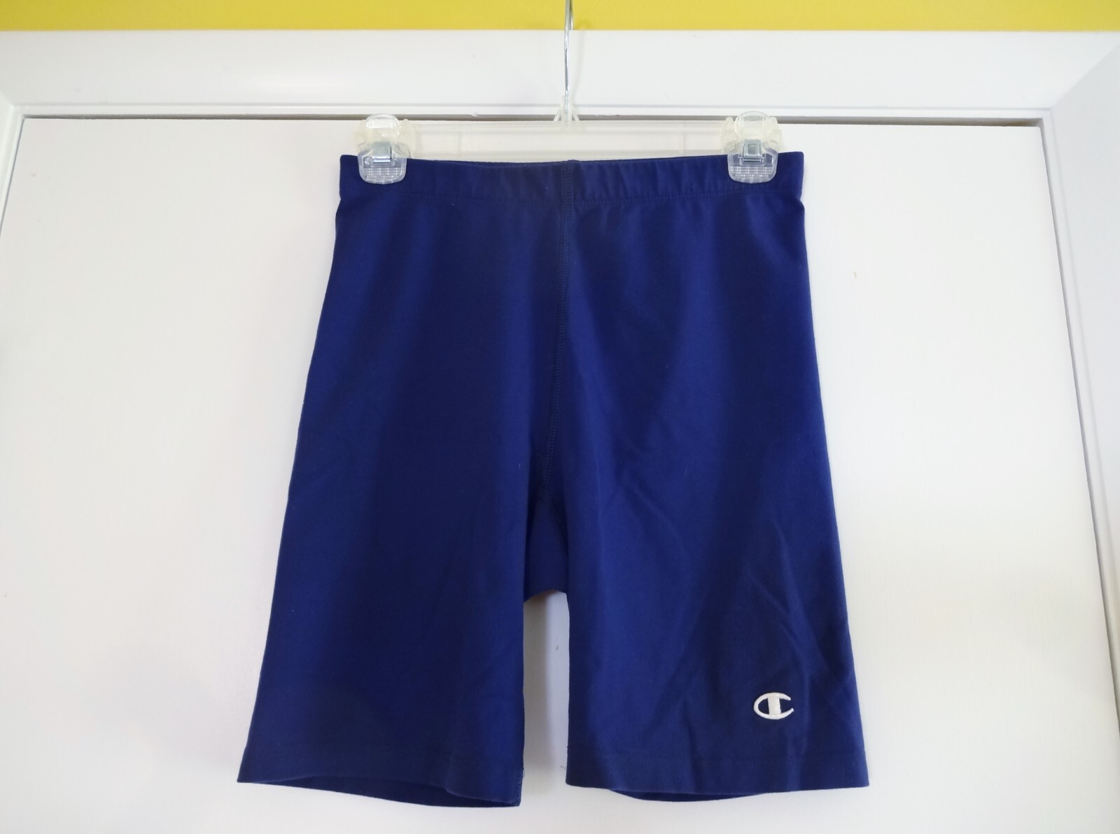 Vtg Womens CHAMPION BIKE SHORTS Large 12-14 Blue Logo Nylon Spandex Compression