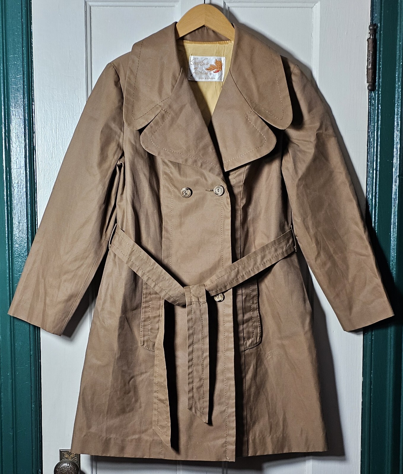 VTG 70s Sport Ease Fashions Trench Coat Size M Brown Double Breasted Belted