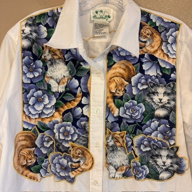The Quacker Factory Vintage Women’s Cats Button Up Long Sleeve Shirt Blouse LG