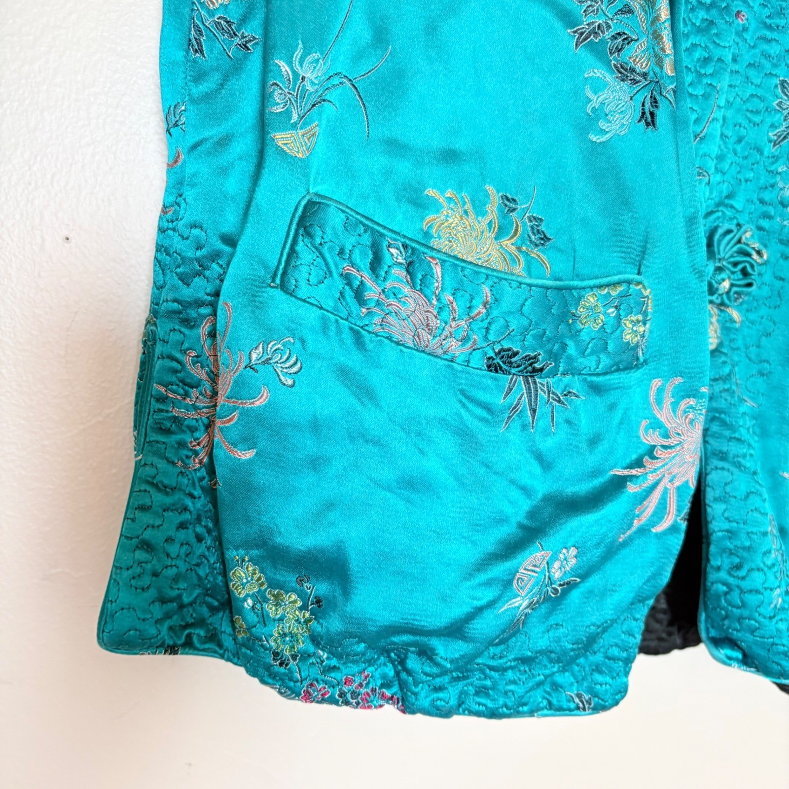 Vintage Reversible Satin Chinese Jacket Teal Black Embroidered Frog Buttons